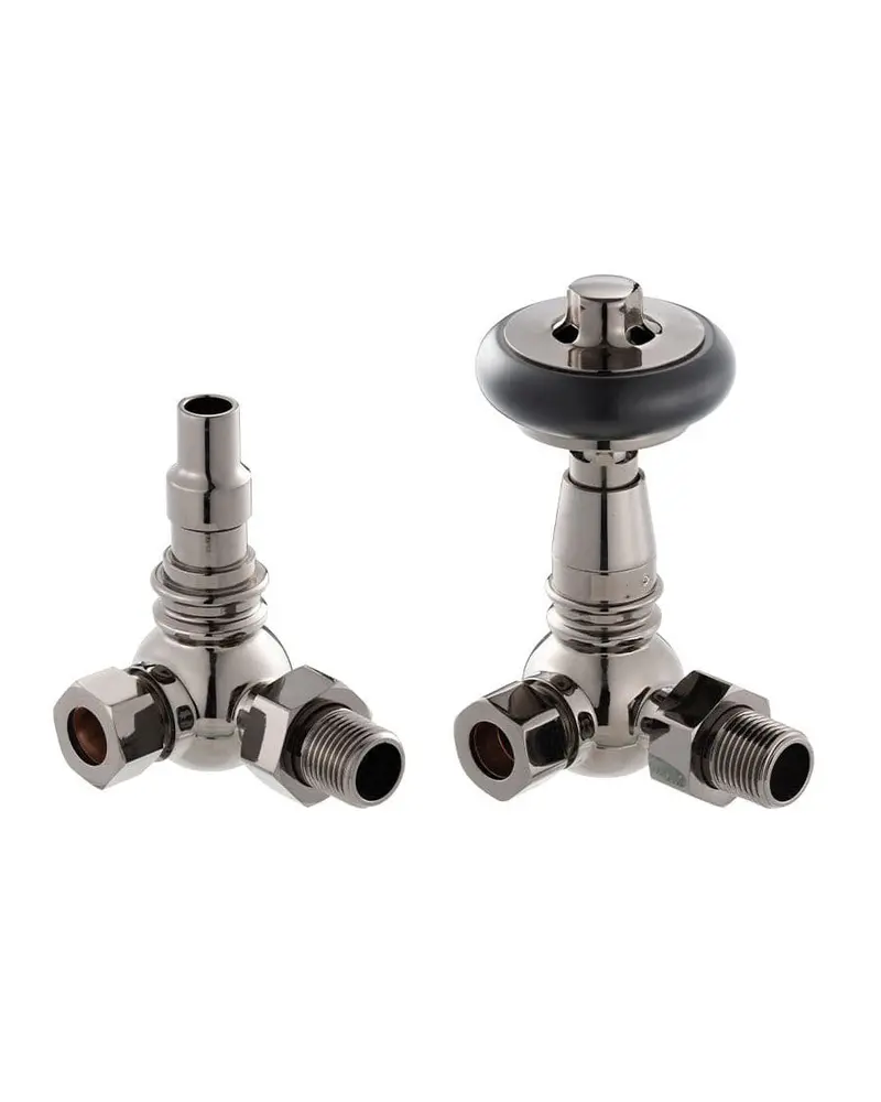 Angled R6 Thermostatic Radiator Valve – York Model In Black Nickel And Wood 1