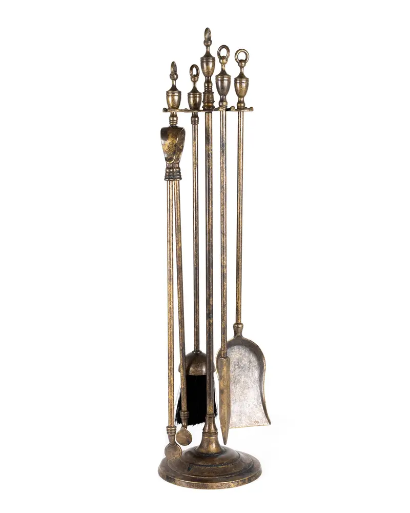 Antique Brass Fireplace Tool Set – Linneastaden Collection, Five-Piece Ensemble 1
