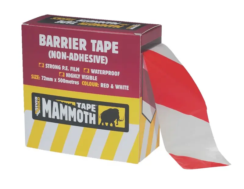 Everbuild Red-And-White Caution Barrier Tape – 500M × 72Mm Site Safety Roll 1