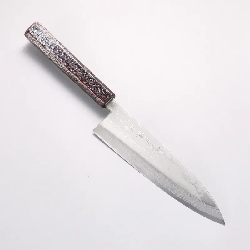 Hideo Kitaoka White Steel No.2 Mioroshi Deba – 195Mm With Lacquered Oak Handle (Black & Silver), Damascus Finish 1