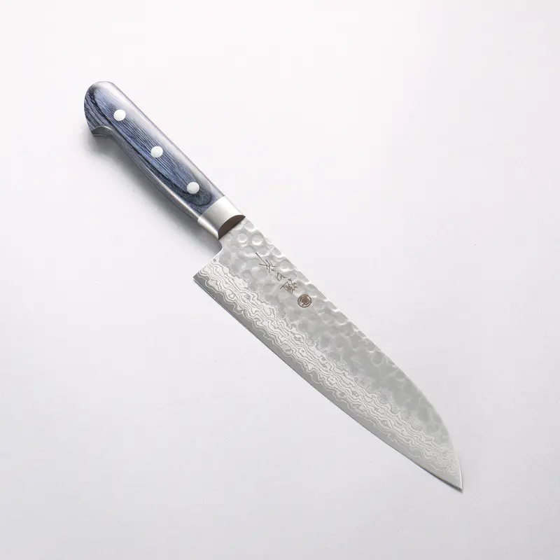 Higuchi 180Mm Santoku Knife – Vg10 Hammered Damascus Blade, Navy Blue Pakka Wood Handle 1