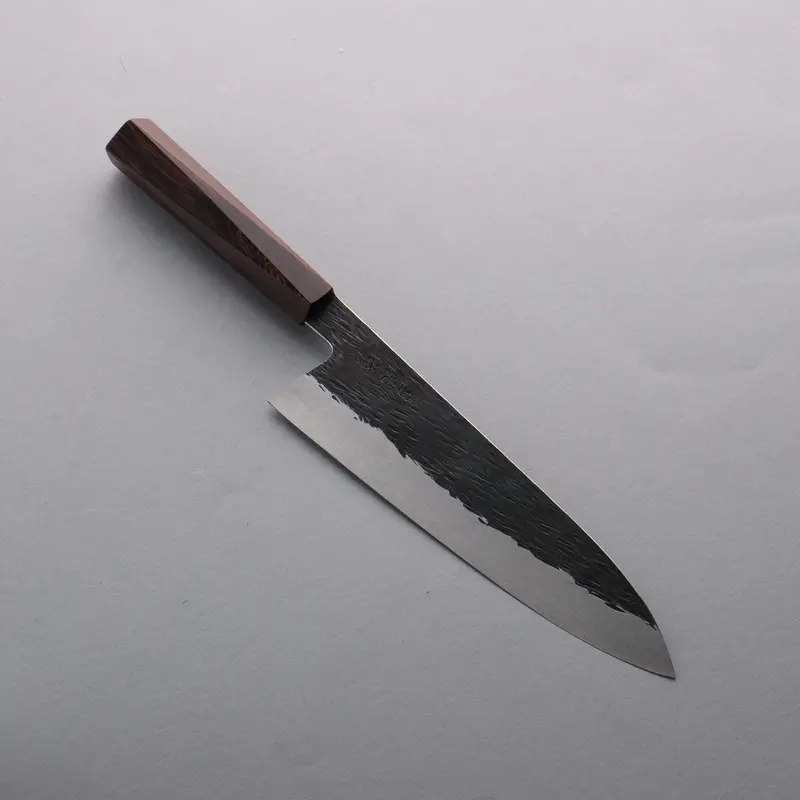 Isamitsu Abe Blue Super Steel Kurouchi Gyuto – 210Mm Hammered Finish With Pentagonal Purple Bombay Black Wood Handle 1
