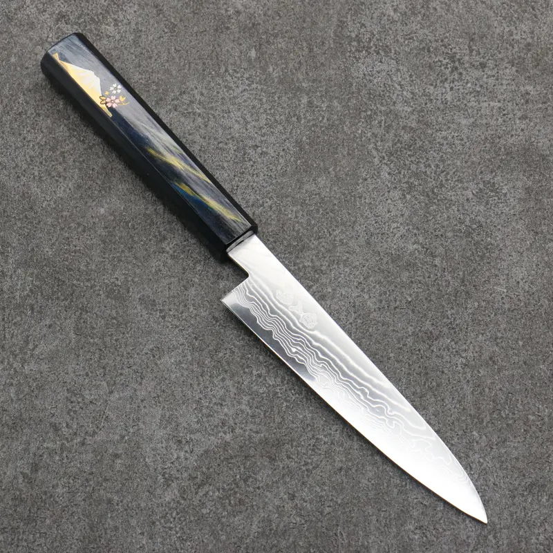 Kajin Cobalt Damascus Petty Knife – 135Mm Blade With Fuji Lacquered Dark Blue & Gold Handle 1