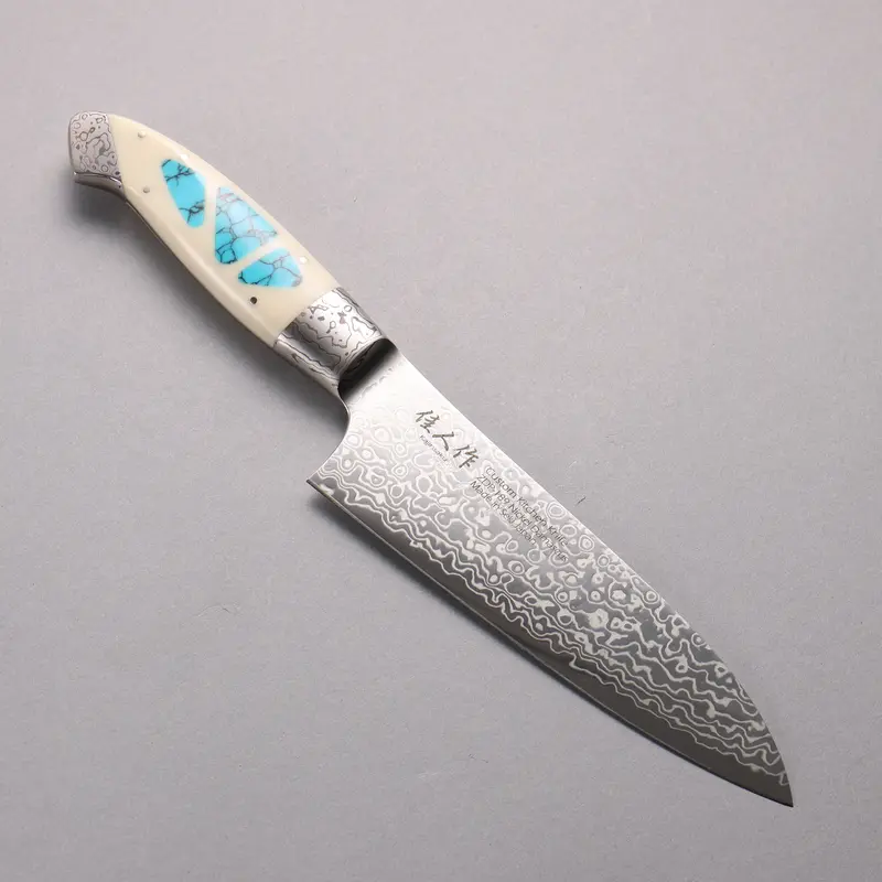 Kajin Zdp-189 Damascus Santoku – 165Mm Migaki-Polished Blade, Corian Handle With Turquoise Accents 1