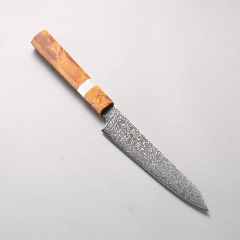 Kanjyo Kiritsuke Petty – 150Mm Sg2 Damascus Blade With Migaki Finish & Brown Stabilized Wood Handle 1