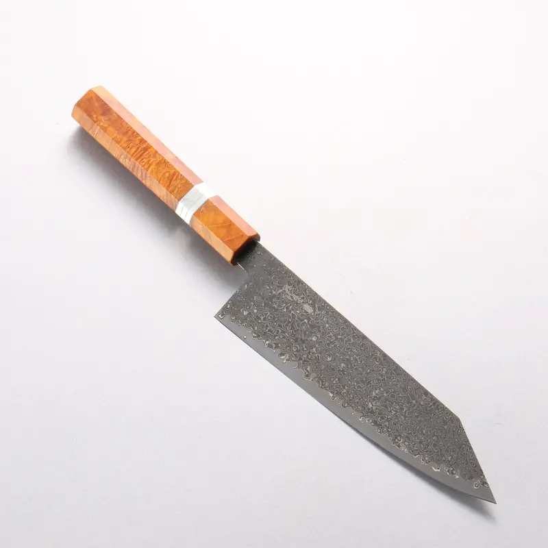 Kanjyo Sg2 Black Damascus Kiritsuke Santoku – 180Mm Chef’S Knife, Brown Stabilized Wood & Silver Ring Grip 1