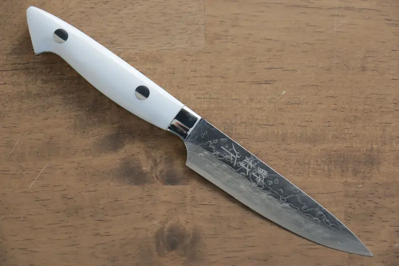 Kazuo Nomura Vg10 Damascus Petty Knife – 100 Mm With White Stone Handle 1