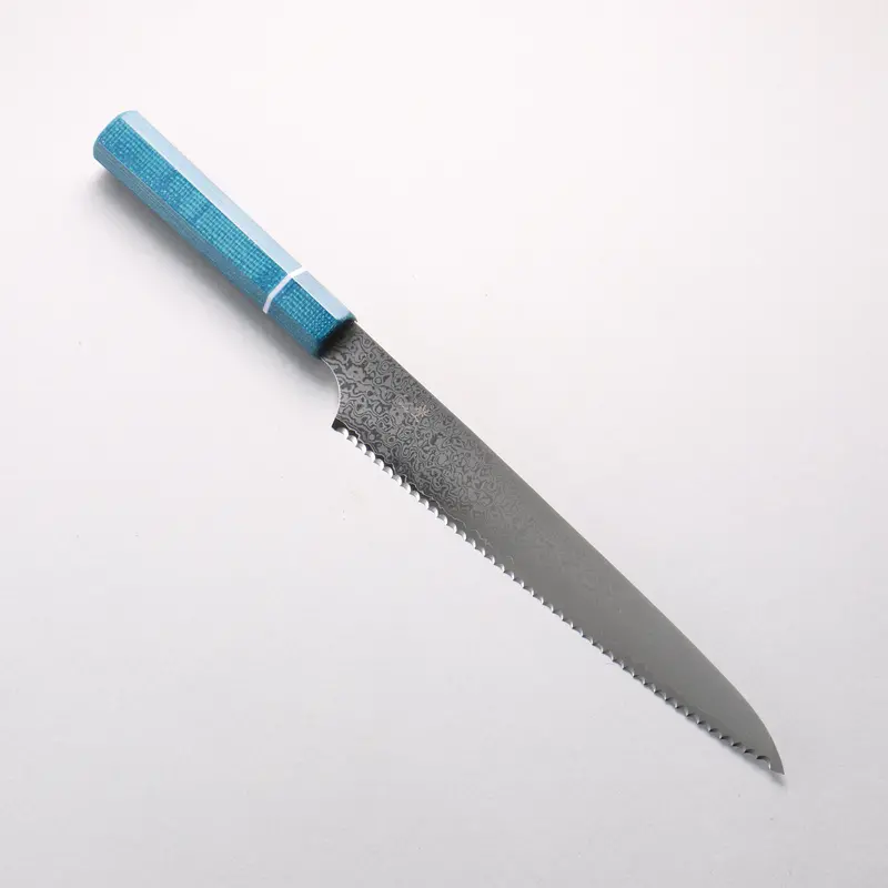 Kei Vg-10 Damascus Bread Slicer – 240Mm Slicing Knife With Vibrant Blue Micarta Handle 1