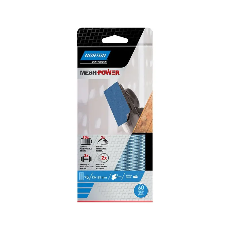 Norton Mesh Sanding Sheets – 185 × 93 Mm, 60-Grit, 5-Pack 1