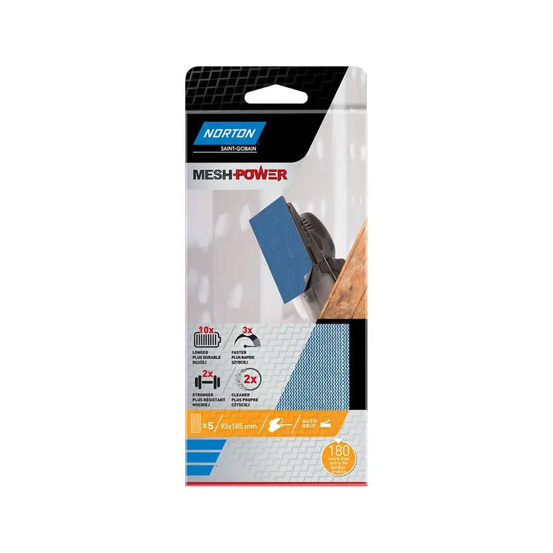 Norton Self-Grip Mesh Sanding Sheets – 180 × 93 Mm, 180-Grit, 5-Pack 1