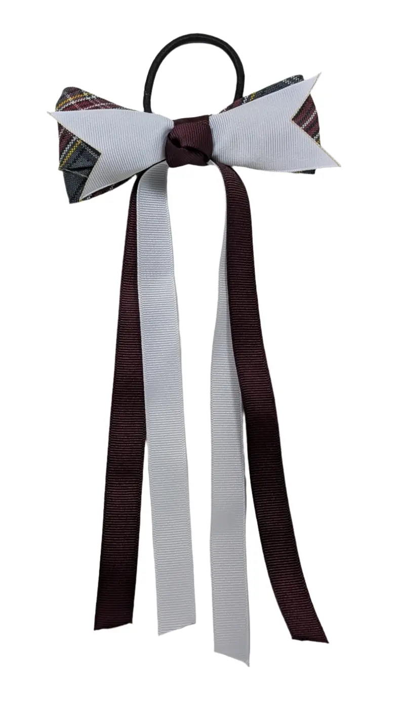 Plaid Spike Bow With Burgundy & White Streamers – Elastic Band 1