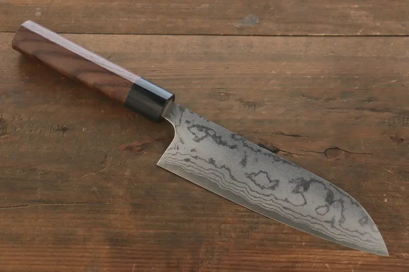 Shungo Ogata White #2 Migaki Damascus Santoku – 180Mm Ebony Handle 1