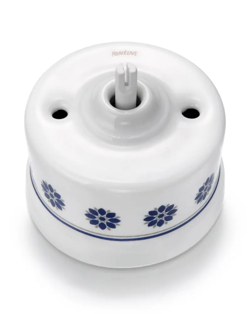 Staircase Light Switch, White Porcelain With Blue Decor, No Knob 1