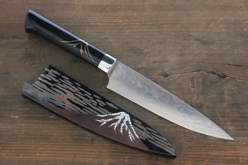 Takeshi Saji 135Mm Petty-Utility Knife – Blue Steel #2 Core, Colored Damascus, Maki-E Mt. Fuji Motif, Lacquered Handle 1