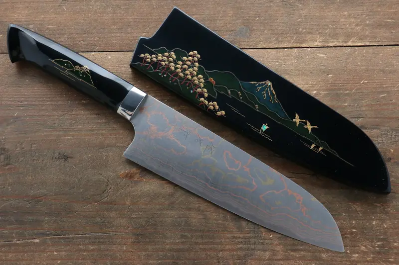 Takeshi Saji 180Mm Santoku Knife – Blue Steel #2 Core, Colored Damascus, Maki-E Mt. Fuji Design, Lacquered Handle 1