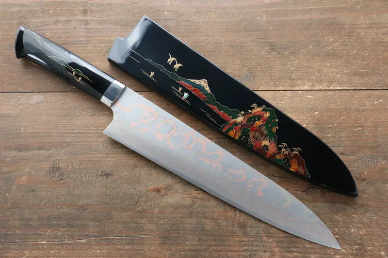 Takeshi Saji 240Mm Gyuto Chef Knife – Blue Steel #2 Core, Colored Damascus Cladding, Traditional Maki-E Decoration, Lacquered Handle 1