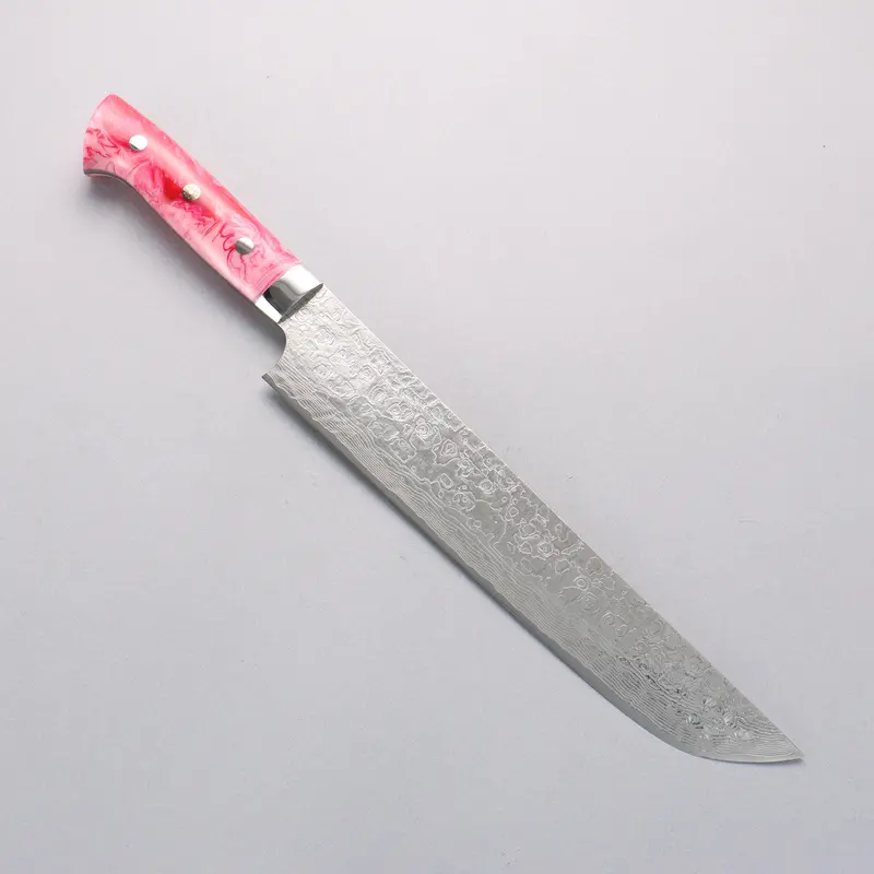 Takeshi Saji 240Mm Sakimaru Sujihiki – Sg2 Damascus Blade With Diamond Polish, Pink & Red Marble Acrylic Handle 1