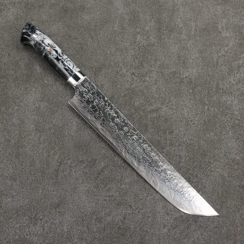 Takeshi Saji 240Mm Sakimaru Sujihiki – Sg2 Damascus Blade With Diamond Polish, White & Black Marble Acrylic Handle 1