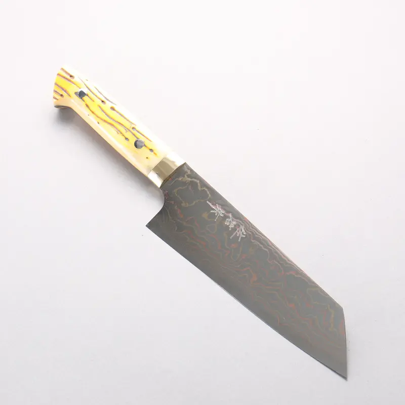 Takeshi Saji Bunka Chef Knife – 180Mm Colored Damascus Blade In Blue Steel #2, Orange Cow Bone Grip 1