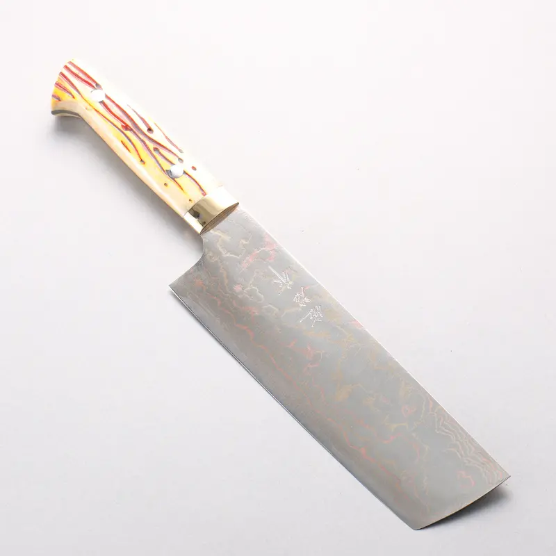 Takeshi Saji Nakiri Knife – 165Mm Blue Steel #2 Damascus Blade With Orange Cow Bone Handle 1
