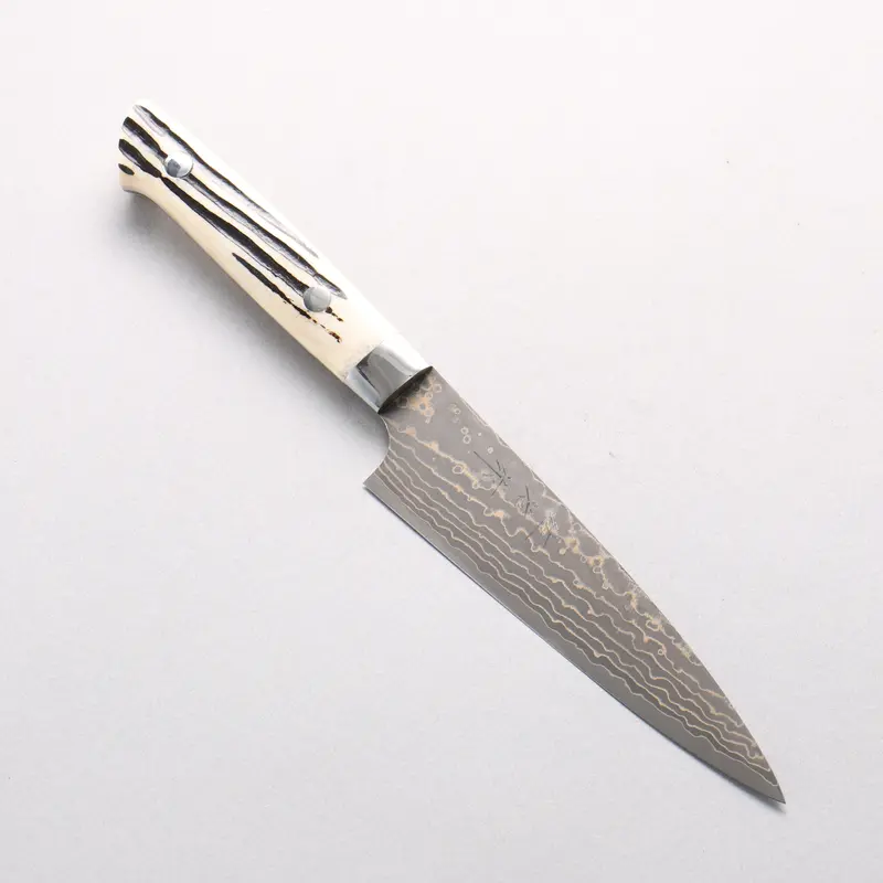 Takeshi Saji Vg10W Gold-Colored Damascus 130Mm Petty-Utility Knife With White Deer Horn Handle 1