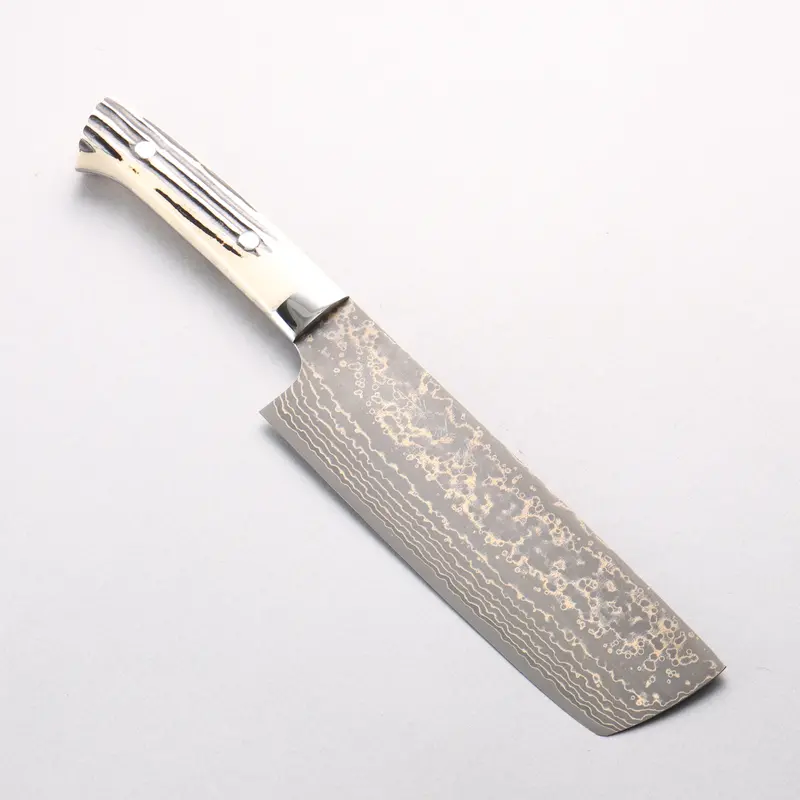 Takeshi Saji Vg10W Gold-Colored Damascus 165Mm Nakiri With White Deer Horn Handle 1