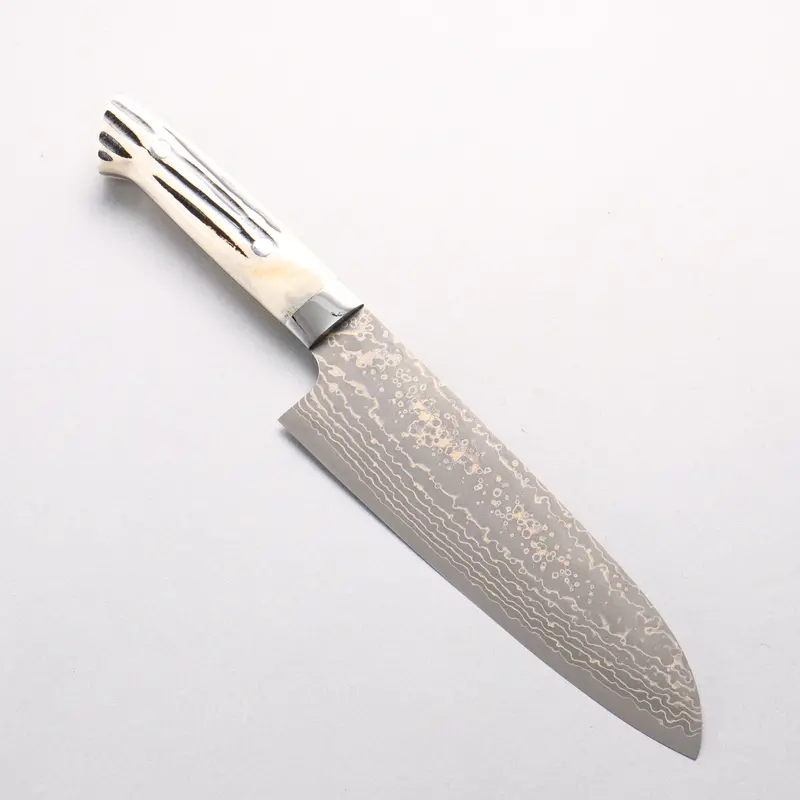 Takeshi Saji Vg10W Gold-Colored Damascus 180Mm Santoku With White Deer Horn Handle 1