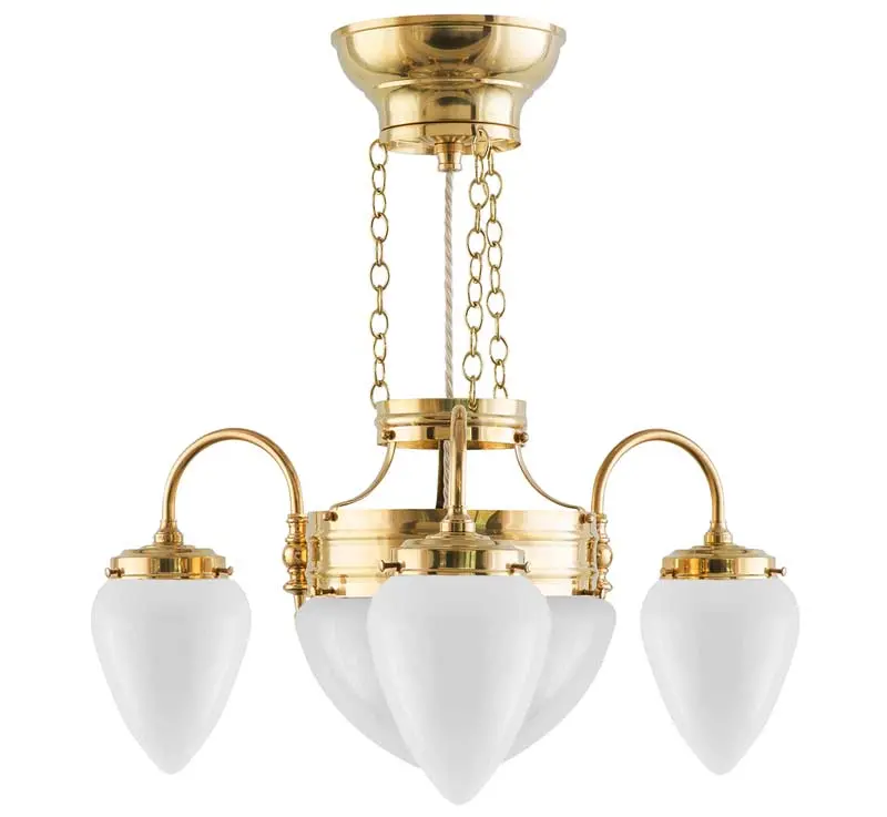 Three-Arm Brass Ceiling Chandelier With Opal White Glass Shades 1