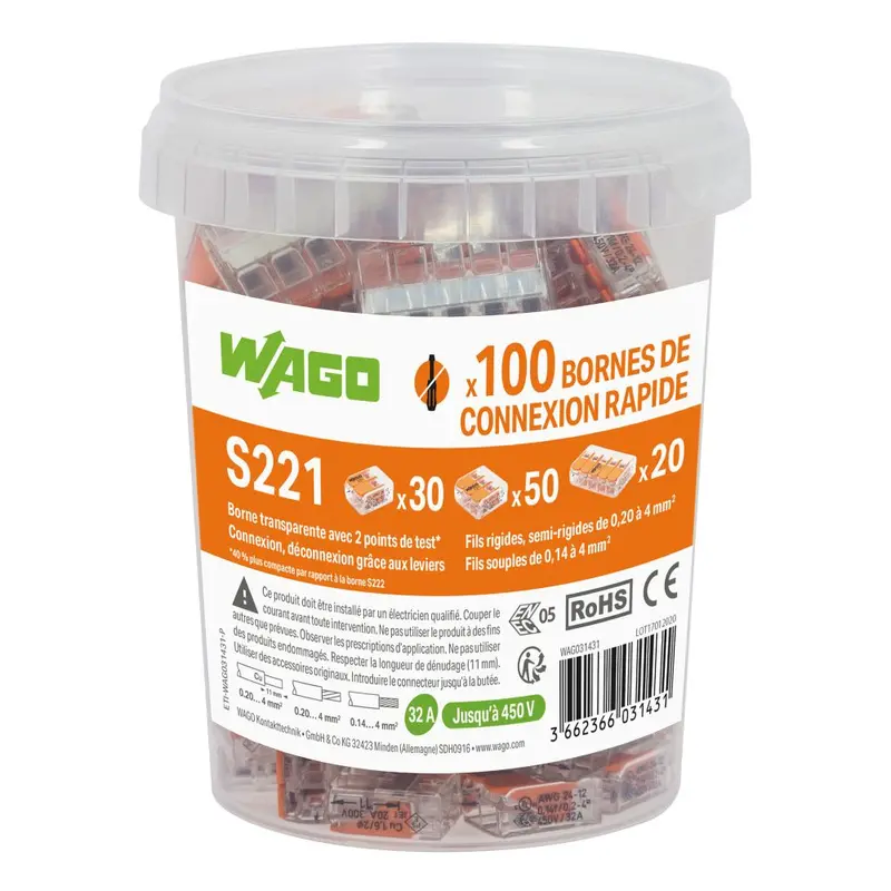 Wago S221 32A 2/3/5-Way Lever-Actuated Connector – 100-Unit Pack 1