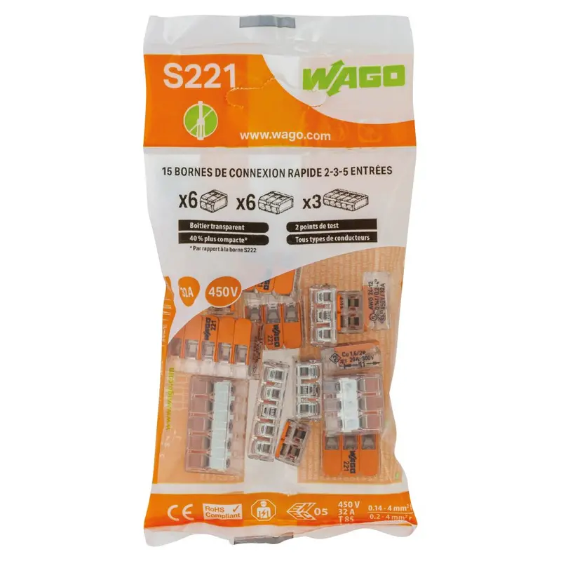 Wago S221 32A 2/3/5-Way Lever-Actuated Connector – 15-Unit Pack 1