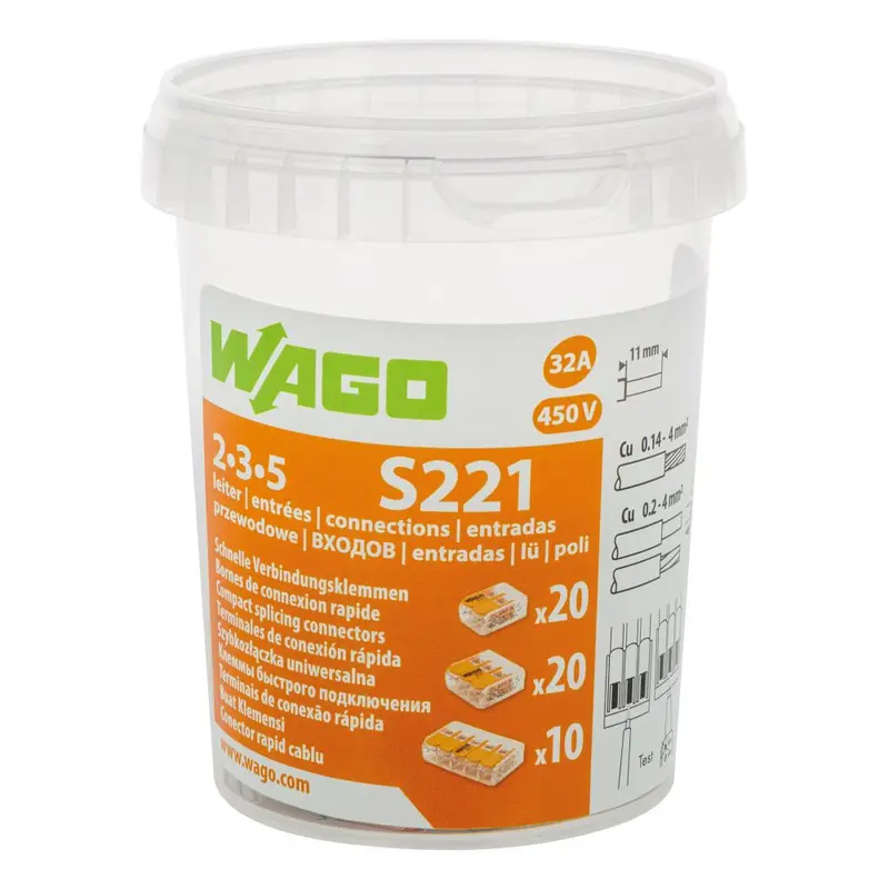 Wago S221 32A 2/3/5-Way Lever-Actuated Connector – 50-Unit Pack 1