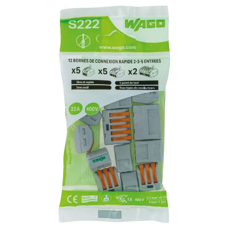 Wago S222 32A Lever-Actuated Connector – 12-Pack (2–5 Way) 1