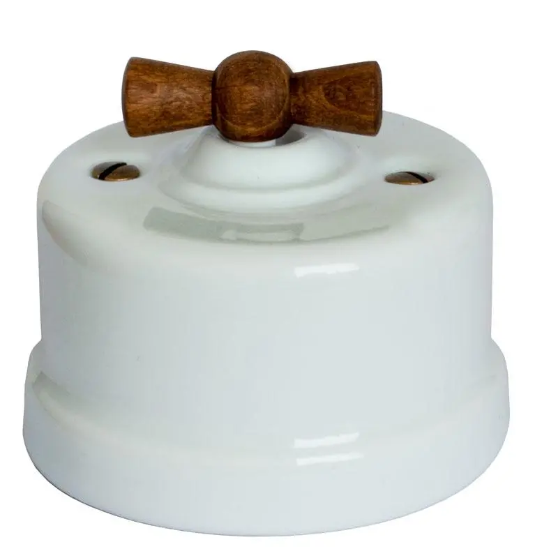 White Porcelain Staircase Light Switch With Wooden Knob 1