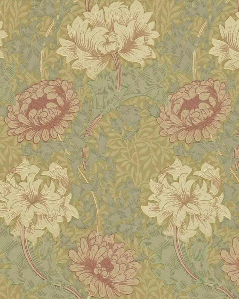 William Morris Chrysanthemum Wallpaper In Pink, Yellow, And Green 1