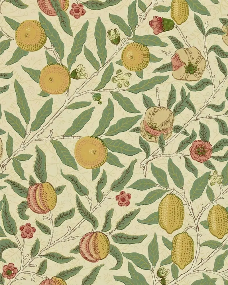 William Morris Fruit Wallpaper In Beige, Gold, And Coral 1