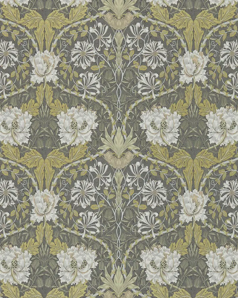 William Morris Honeysuckle & Tulip Wallpaper In Charcoal And Gold 1