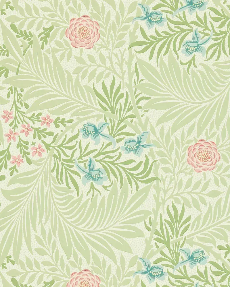 William Morris Larkspur Wallpaper In Green And Coral 1