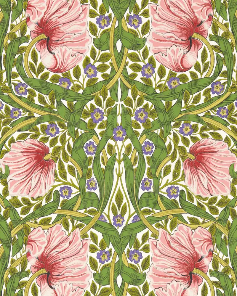 William Morris Pimpernel Wallpaper In Sap Green And Strawberry 1