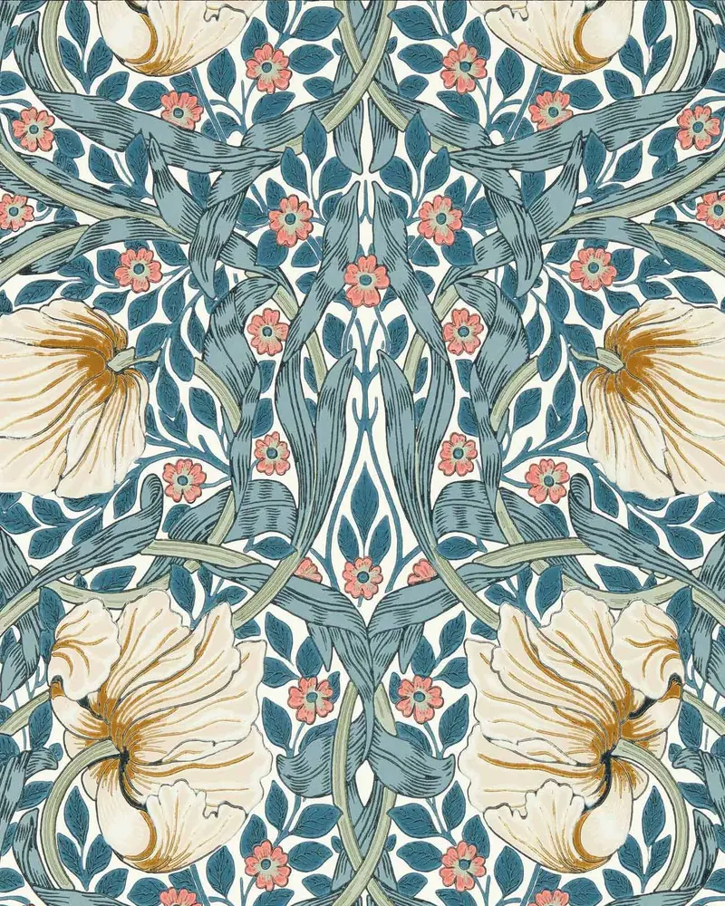 William Morris Pimpernel Wallpaper In Woad And Coral 1
