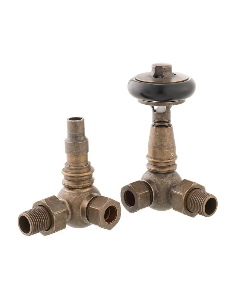 York Angled Thermostatic Radiator Valve – Antique Finish With Wooden Handle 1