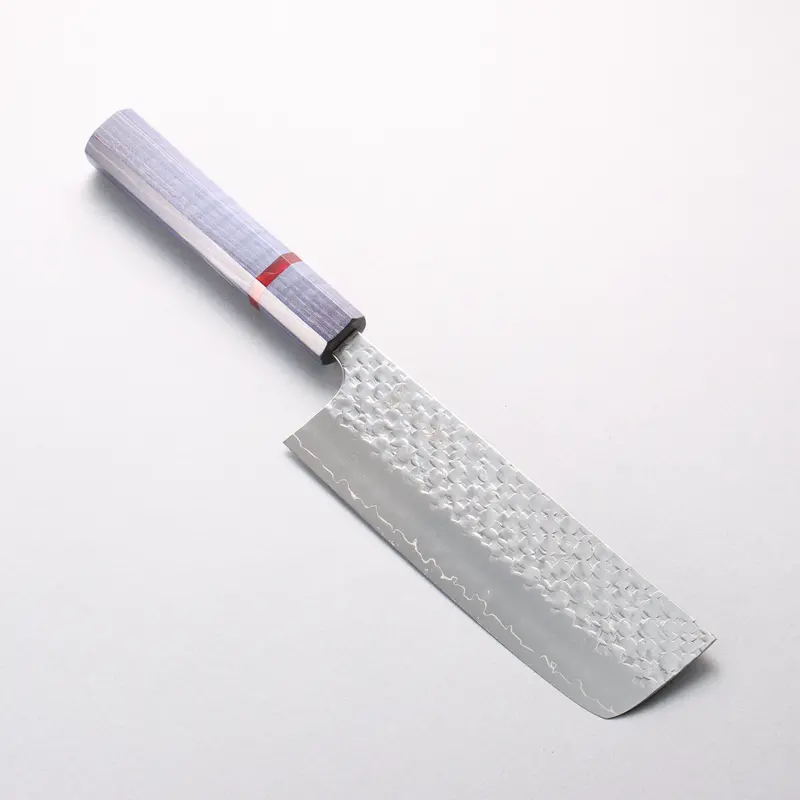 Yoshimi Kato 165Mm Minamo Ii Spg Strix Hammered Nakiri Knife – Blue Stabilized Wood With Red Ring Handle 1