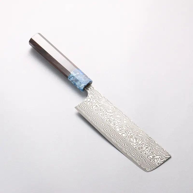 Yoshimi Kato 165Mm Nakiri Chef Knife – Sg2 Black Damascus Blade With Ebony & Blue Marble Resin Handle 1