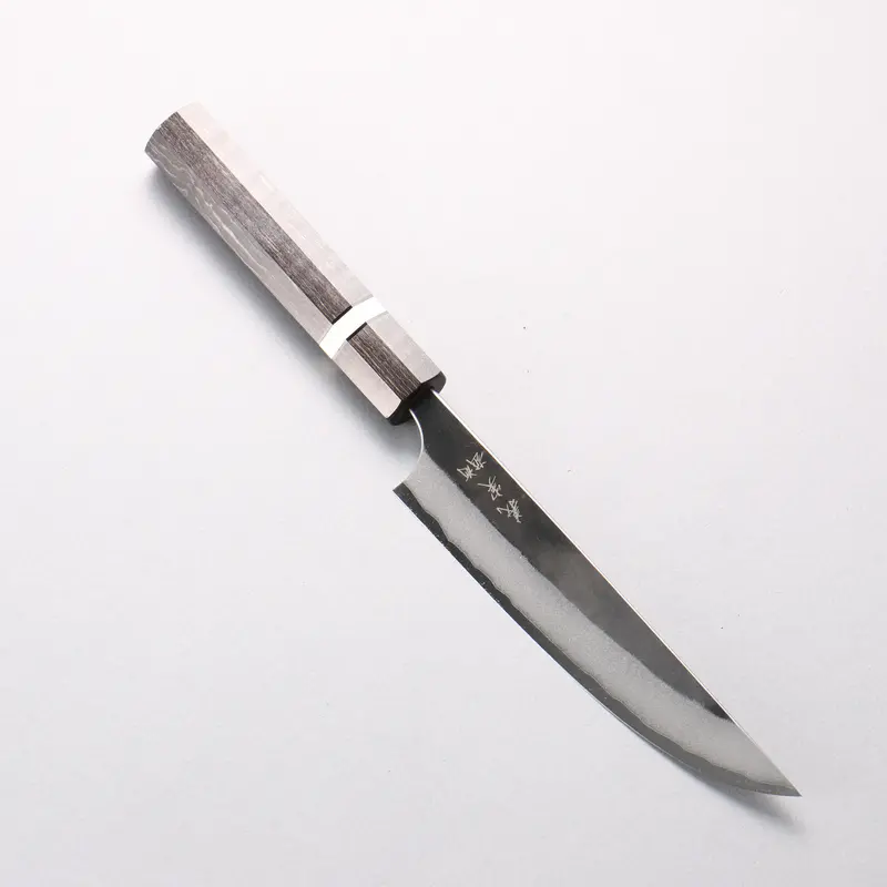 Yoshimi Kato 170Mm Blue Super Kurouchi Kengata Petty Knife – Gray Stabilized Wood & White Ring Handle 1