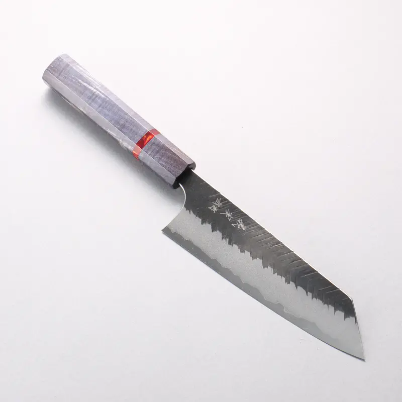 Yoshimi Kato 170Mm Blue Super Kurouchi V-Hammered Bunka Knife – Blue Stabilized Wood & Red Ring Handle 1