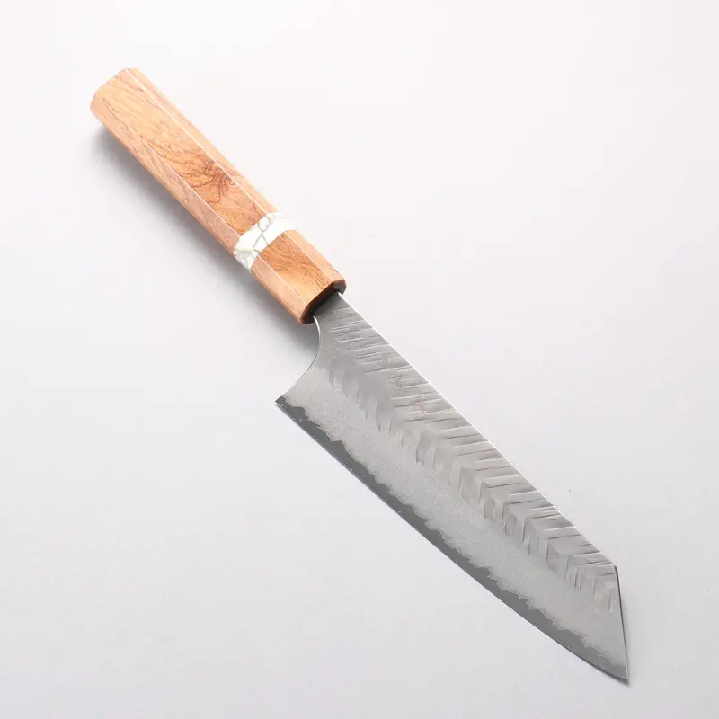 Yoshimi Kato 170Mm Blue Super Nashiji V-Hammered Bunka Knife – Rosewood & White Turquoise Ring Handle 1