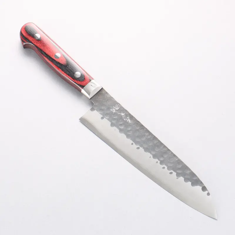 Yoshimi Kato 180Mm Gyuto – Blue Super Steel Kurouchi Hammered Finish, Red Pakkawood Handle 1