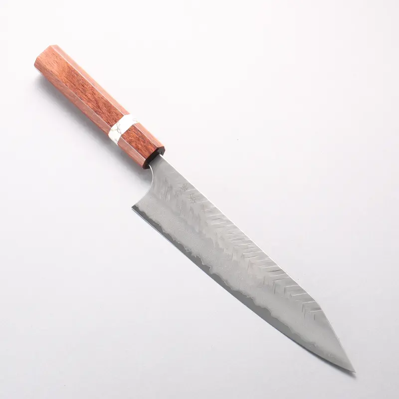 Yoshimi Kato 210Mm Blue Super Nashiji V-Hammered Kiritsuke Chef Knife – Rosewood & White Turquoise Ring Handle 1