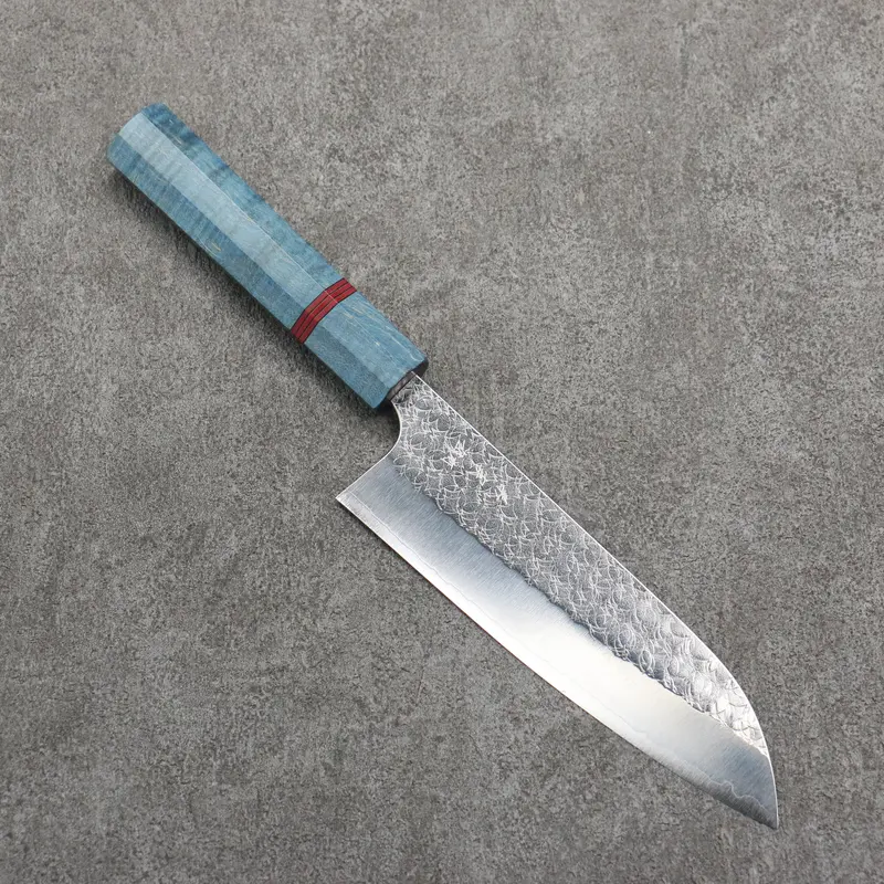 Yoshimi Kato Minamo Sg2 Hammered 170Mm Santoku – Blue Stabilized Wood Handle With Red Ring 1