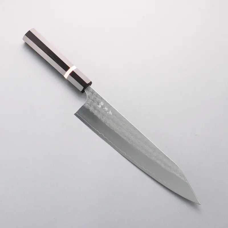 Yoshimi Kato Minamo Sg2 Hammered Kiritsuke Gyuto – 240Mm With Ebony Handle And White Ring Detail 1