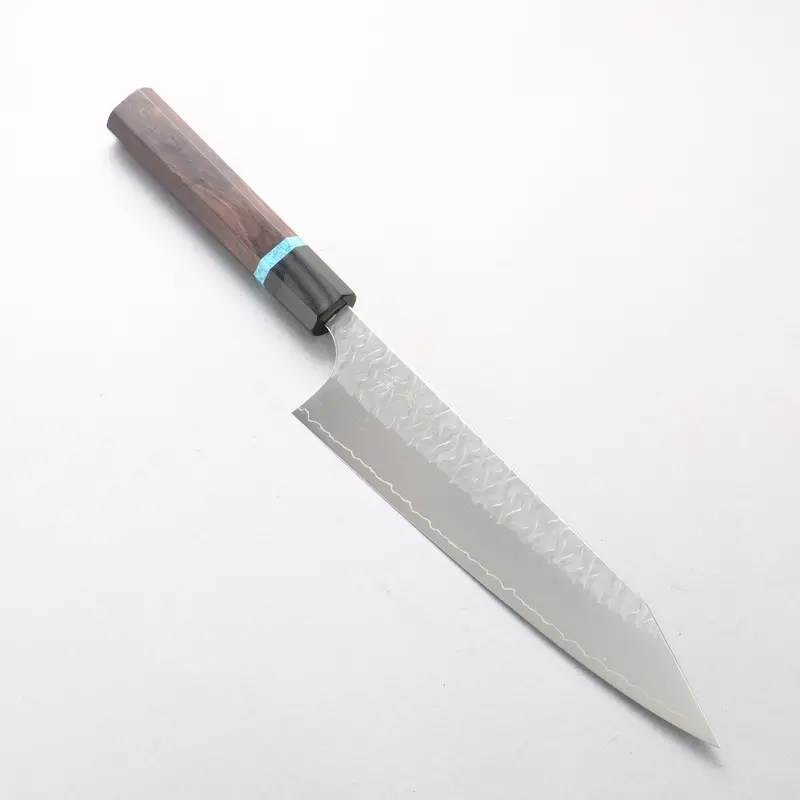 Yoshimi Kato Nami Spg Strix Kiritsuke Gyuto – 210Mm, Hammered, African Rosewood Handle With Blue Turquoise Ring & G10 Ferrule 1